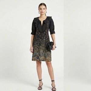 Hoss Intropia Black Metallic Circle Embroidered Ruffle Collar Dress